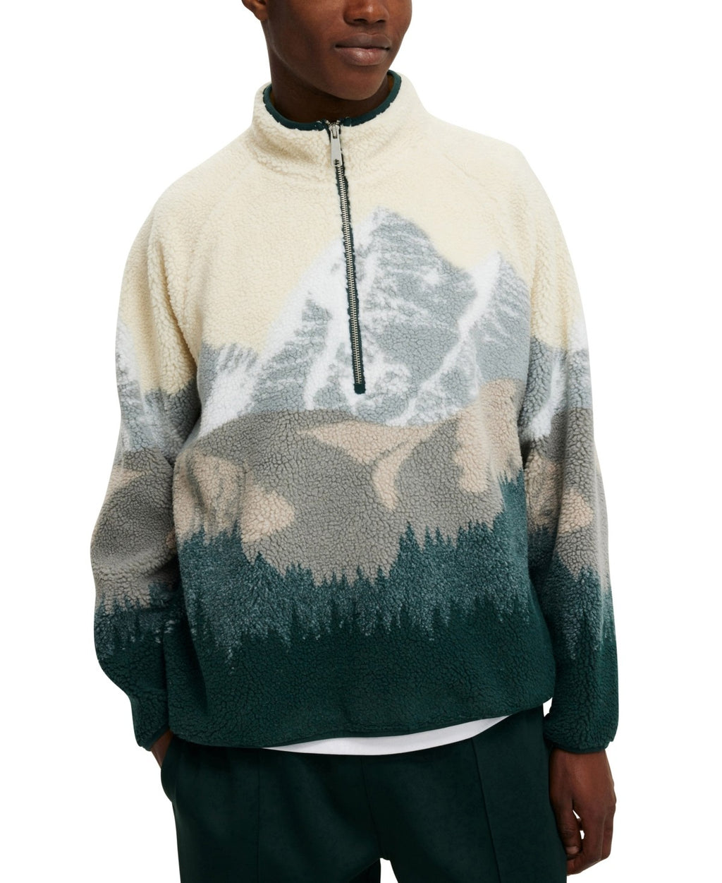 Cotton on Men's Teddy 1/2 Zip Fleece Sweatshirt - Bone / Mountains