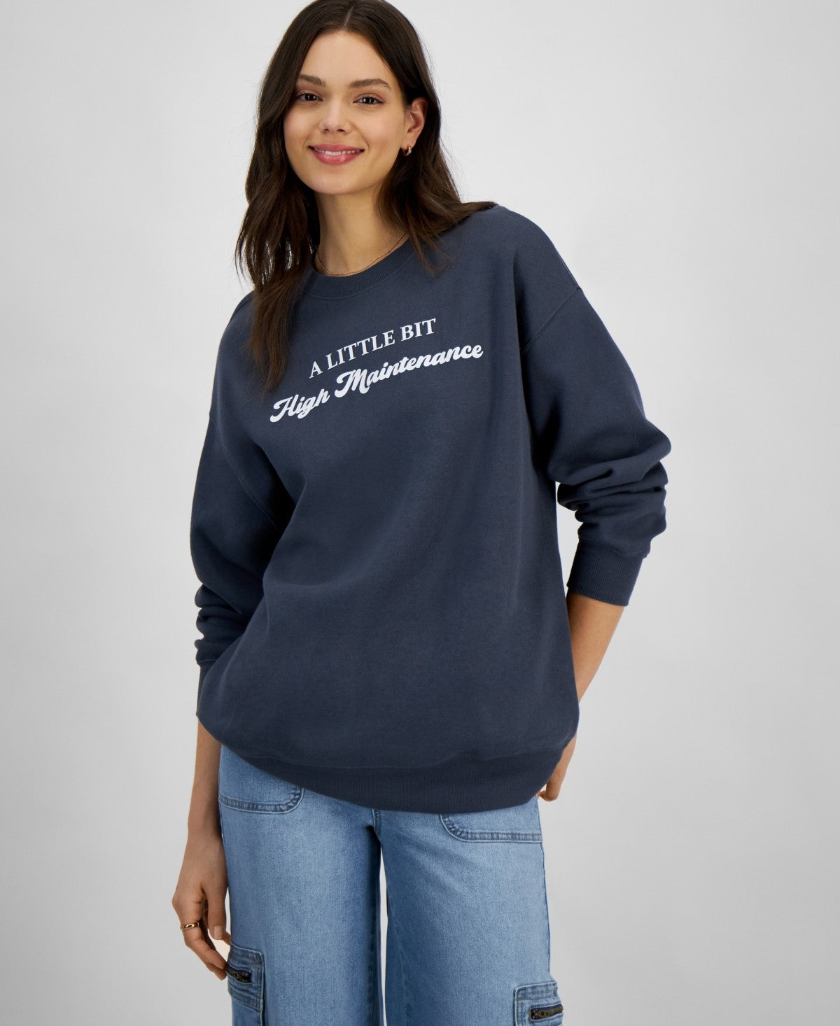 Rebellious One Juniors' High Maintenance Graphic Sweatshirt - Turbulence