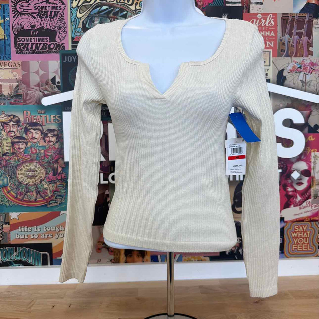 hippie rose Size XS Notched Neck Glitter Ribbed Long Sleeve - Winter White