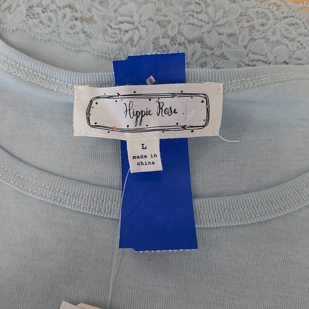 hippie rose Size L Lace-Trim Short-Sleeve Crewneck Tee - Baby Blue