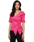 Alex Evenings Elbow-Sleeve Stretch Tie-Waist Collared Taffeta Blouse - Fuchsia