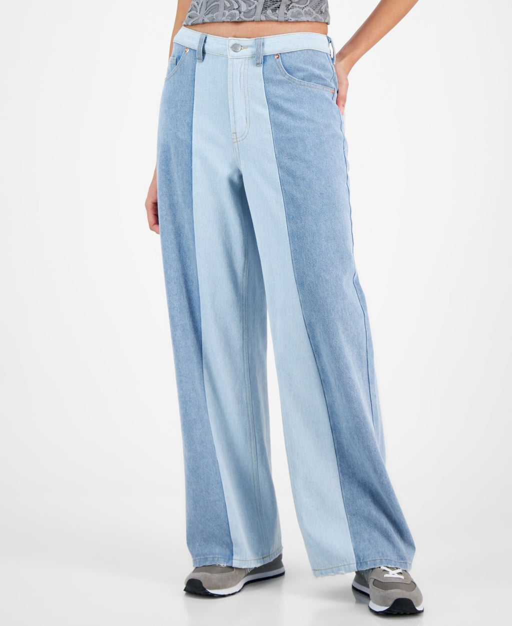 Tinseltown Juniors' High-Rise Wide-Leg Colorblocked Jeans - Med/light Colorblock