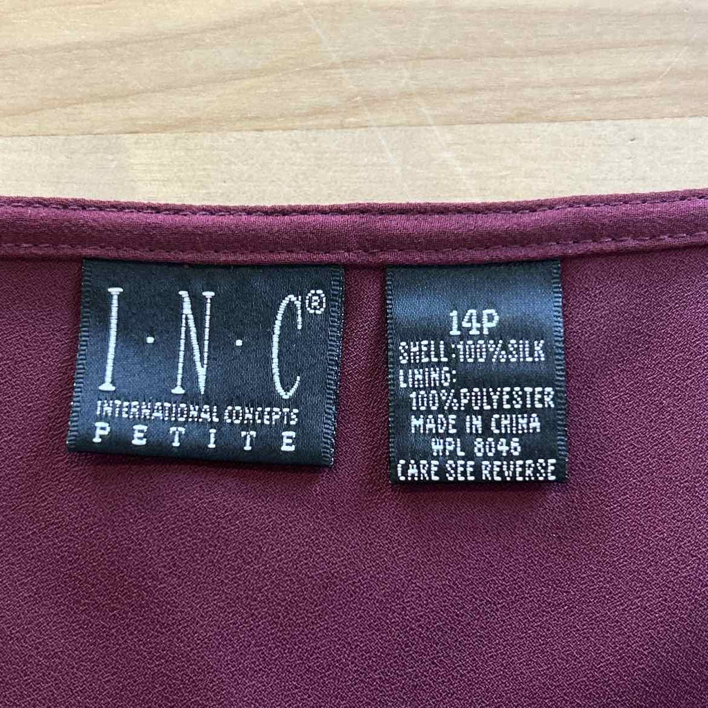 INC Size 14P Burgundy Polyester Silk Preloved Skirt
