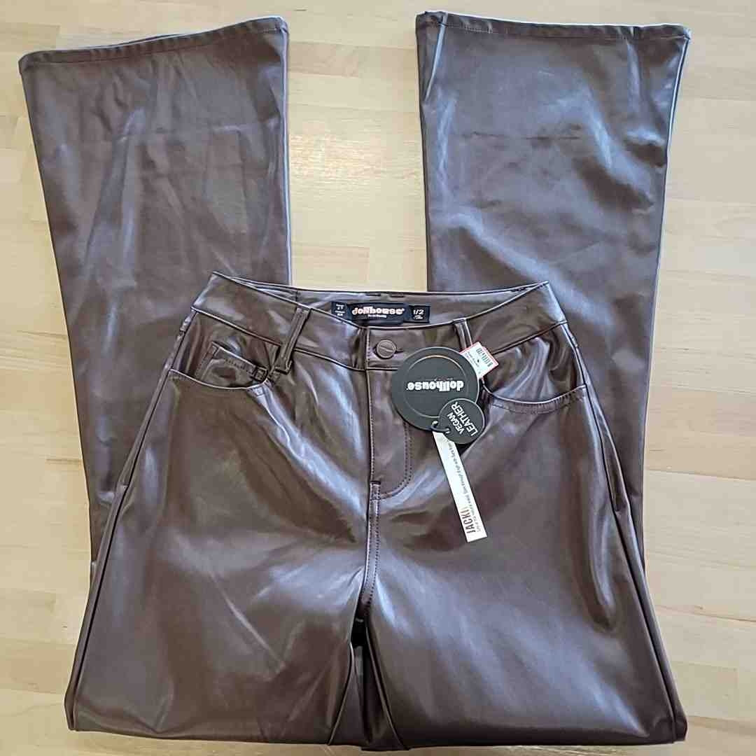 dollhouse Size 1/2 Brown Faux-Leather High-Rise Wide-Leg Jeans NWT