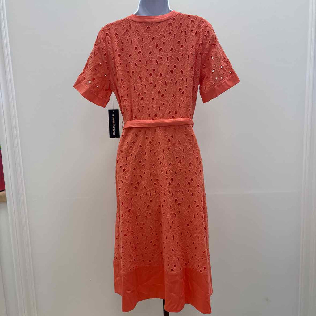 Karl Lagerfield Size 8 Women's Eyelet Cotton a-Line Shirtdress - Coral