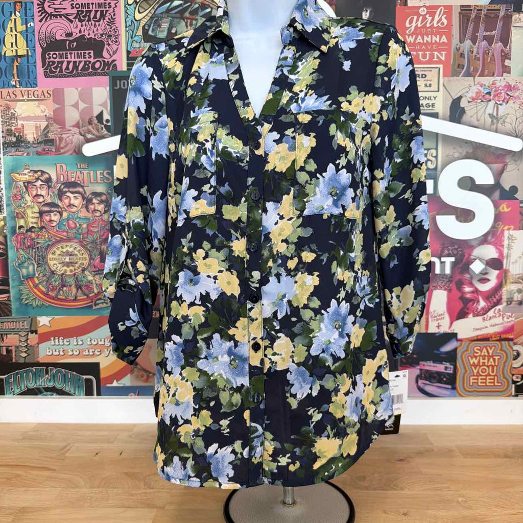 BCX Size XS Floral-Print Roll-Tab-Sleeve Collar Top