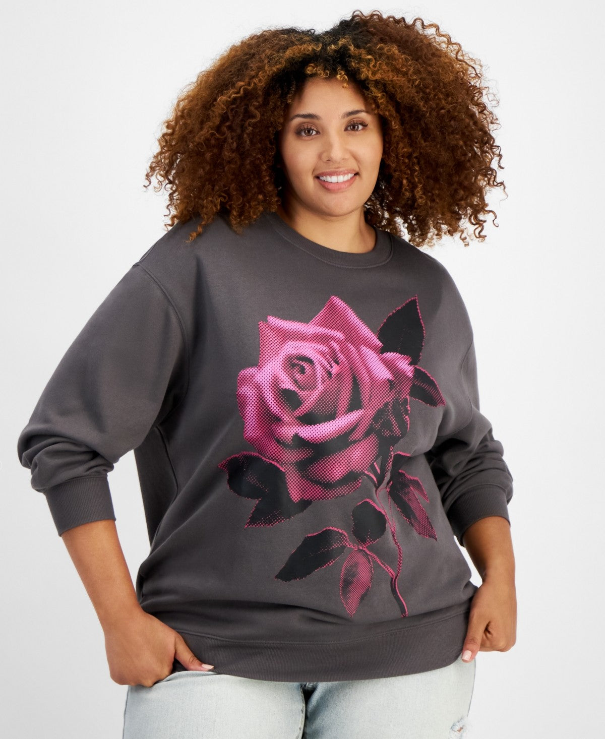 Rebellious One Trendy Plus Size Rose-Graphic Sweatshirt - Granite