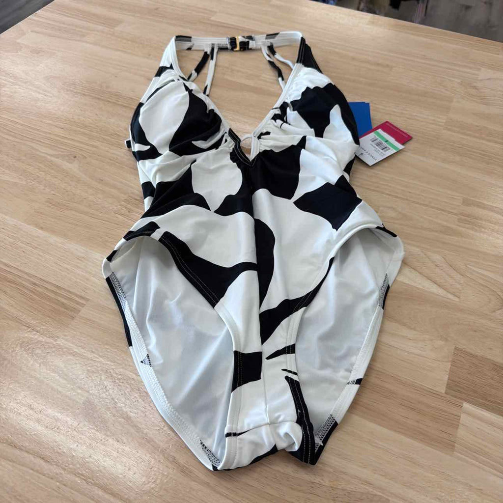 Vince Camuto Women's Printed Plunge-Back Ruched One-Piece Swimsuit - Black/white