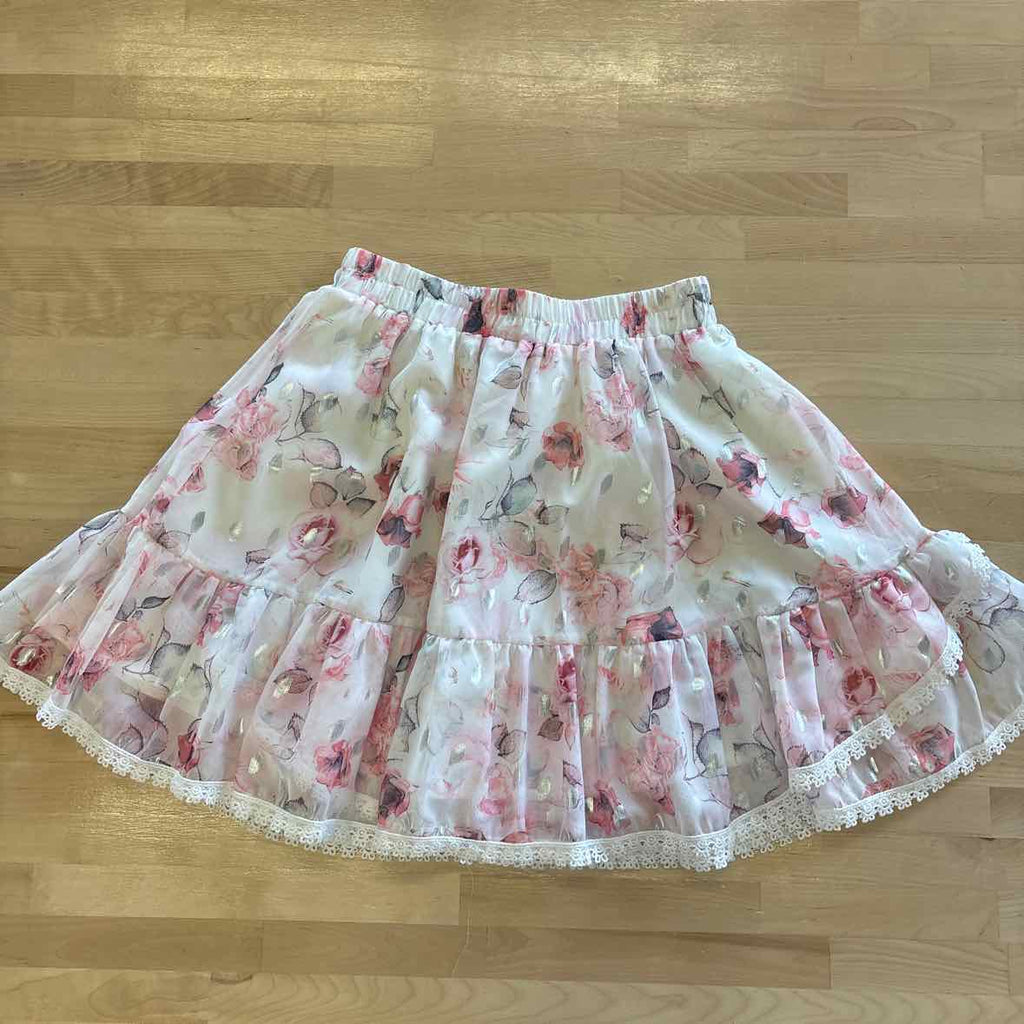 Beulah Size M Pink Print 2 pc Cascade Ruffle Neck Bishop Sleeve Top & Skirt NWT