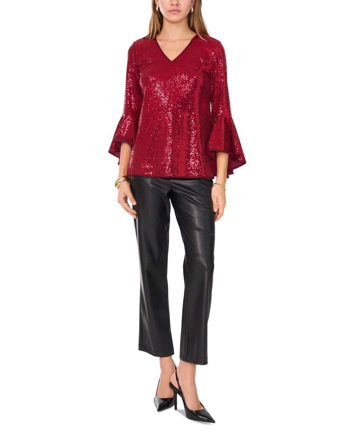 Vince Camuto Size L Red Sequined Blouse
