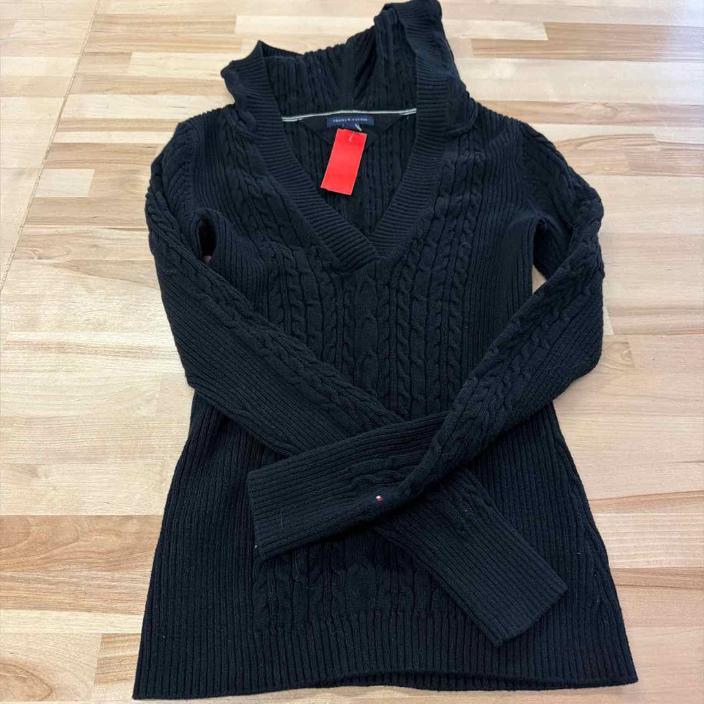 Tommy Hilfiger Size S Black Knit V Neck Hoodie Sweater