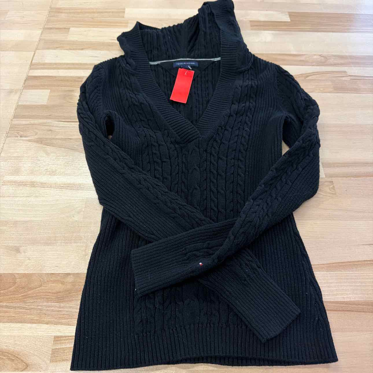 Tommy Hilfiger Size S Black Knit V Neck Hoodie Sweater