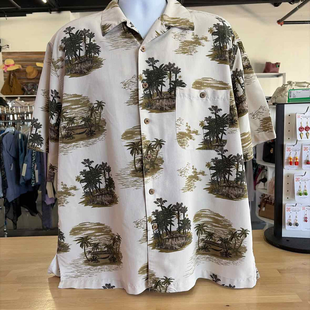 Joe Marlin Size L Beige green print Preloved MENS Button Down Shirt