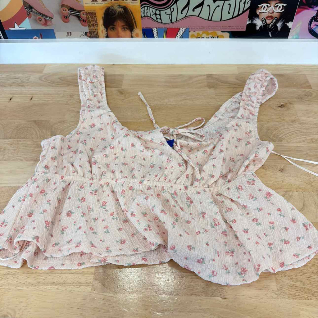 pink rose Size L Floral Printed Sleeveless Peplum Top - Blush Floral