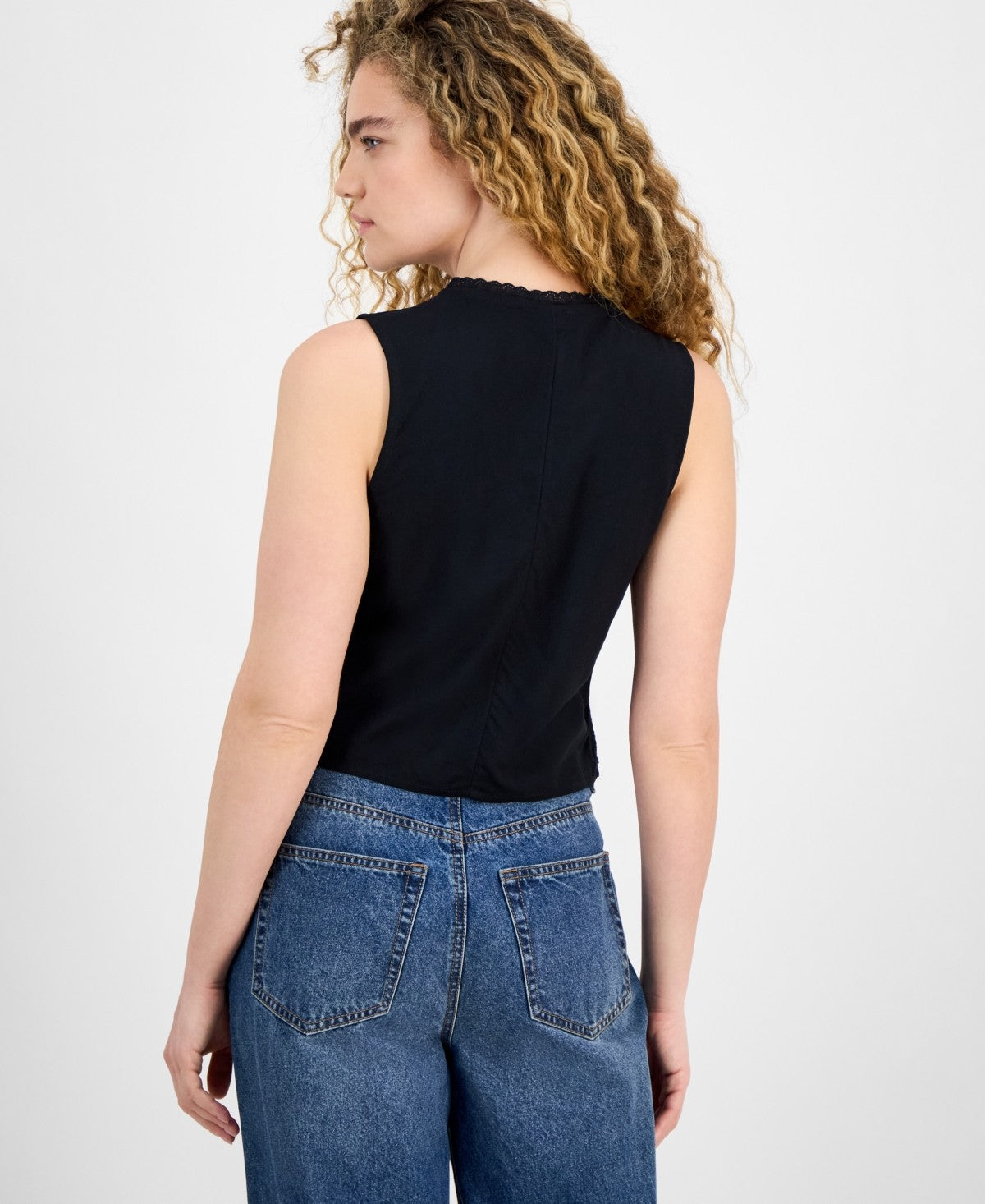 Self Esteem Juniors' Eyelet V-Neck Tie-Front Vest - Black
