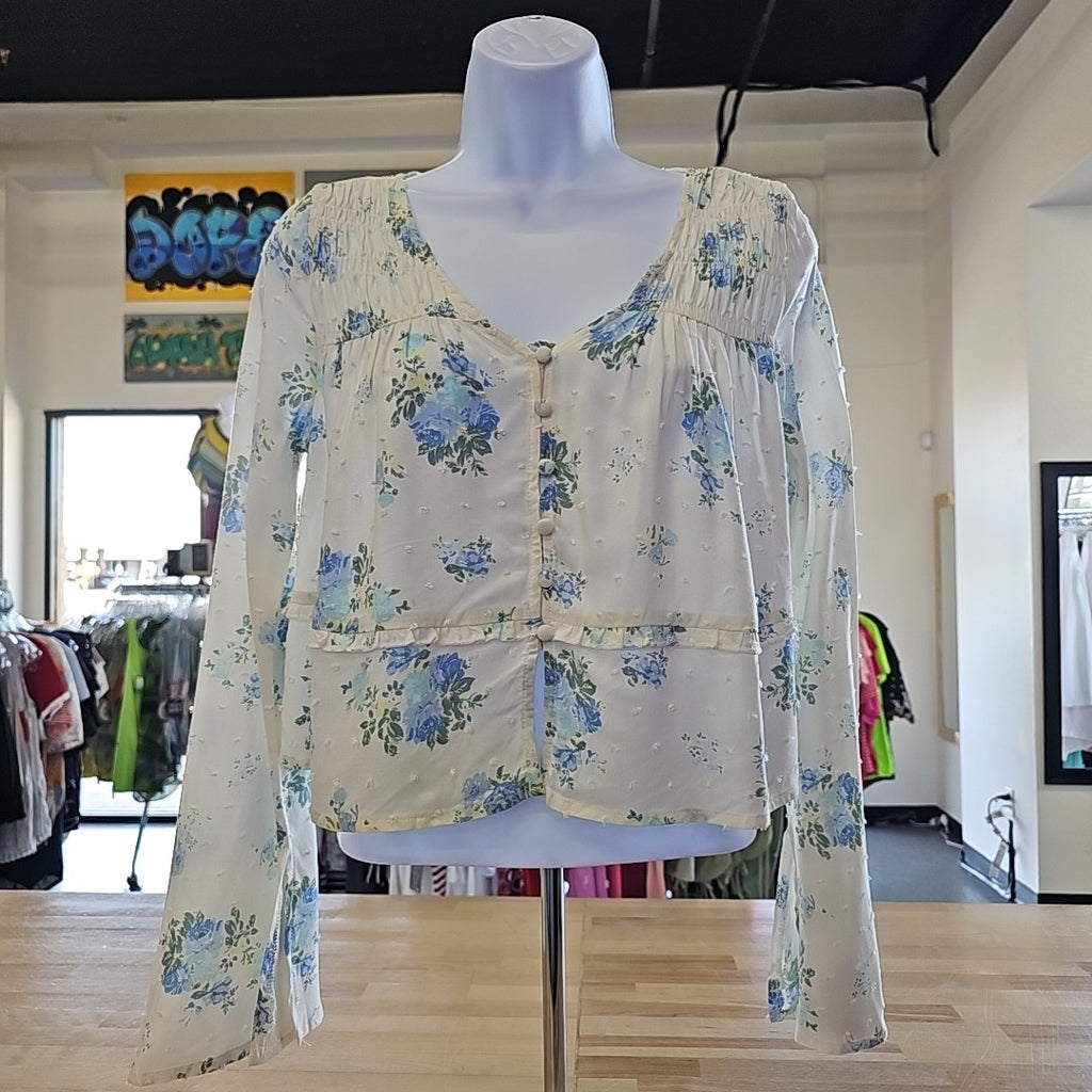 Juniors Self Esteem Floral Gauze Yoke Bell Sleeve Blouse