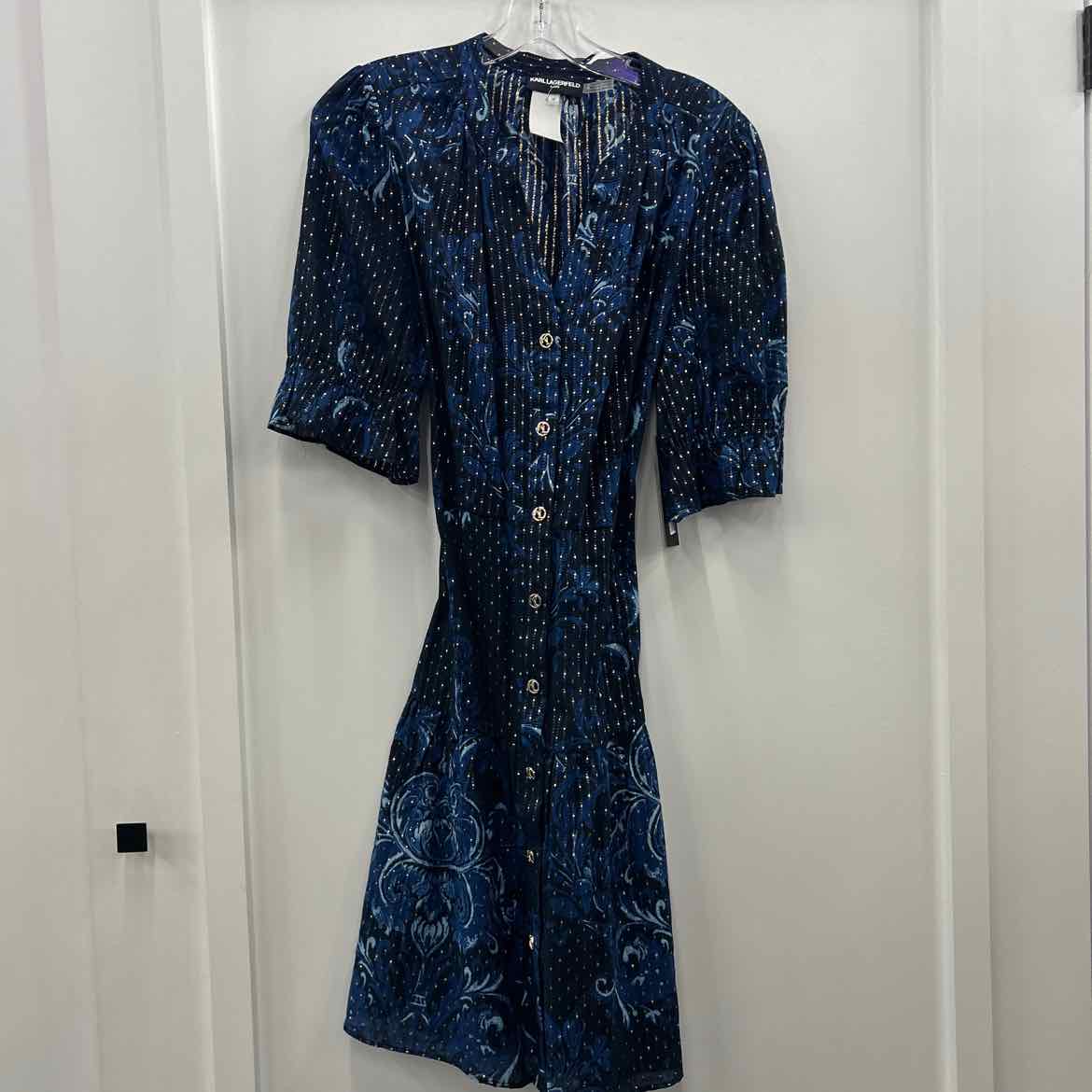 Karl Lagerfeld Paris Women's Printed Tiered Belted Dress - Navy Multi - Size 12