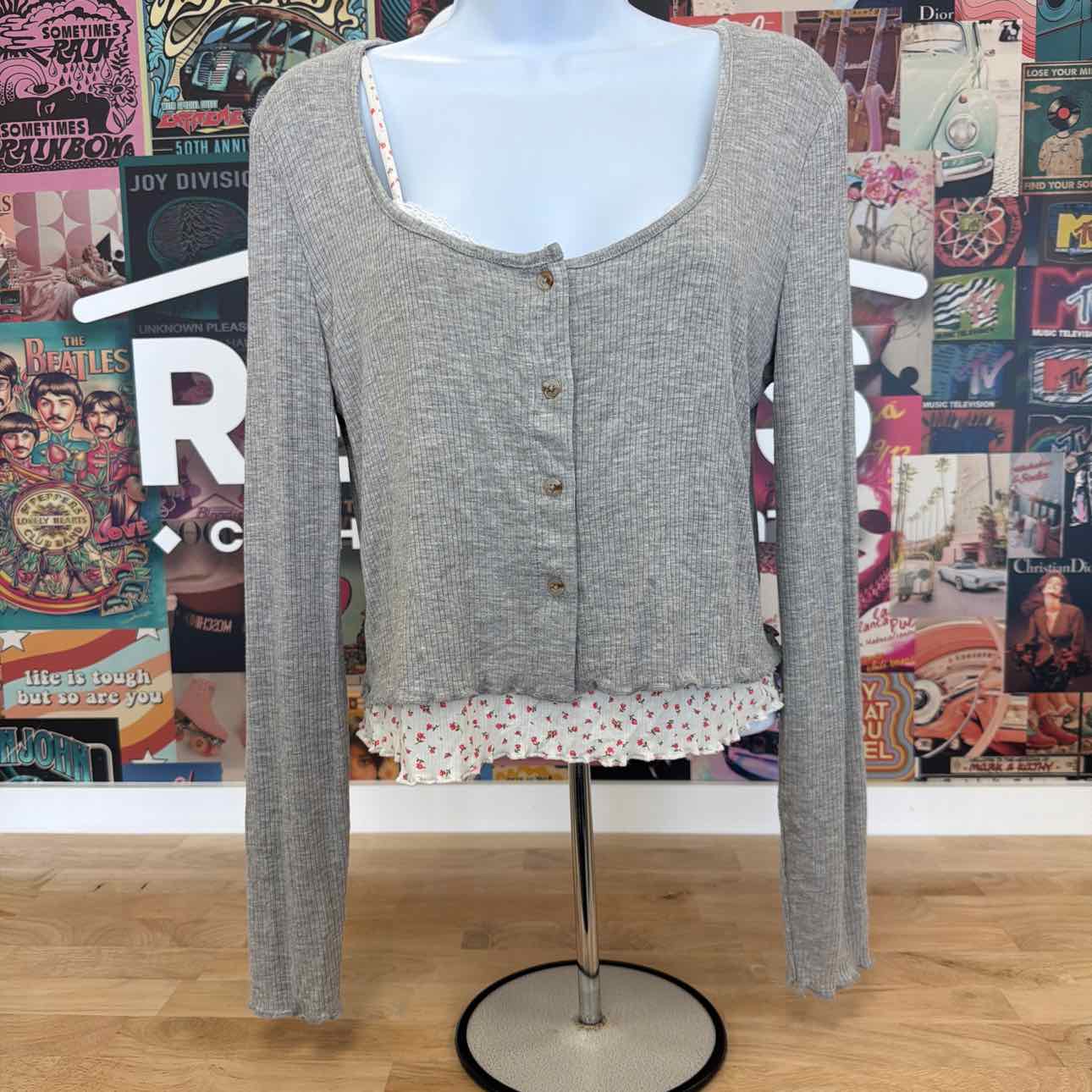 Just Polly Size XL Layered-Look Long Sleeve Cardigan - Grey Ditsy