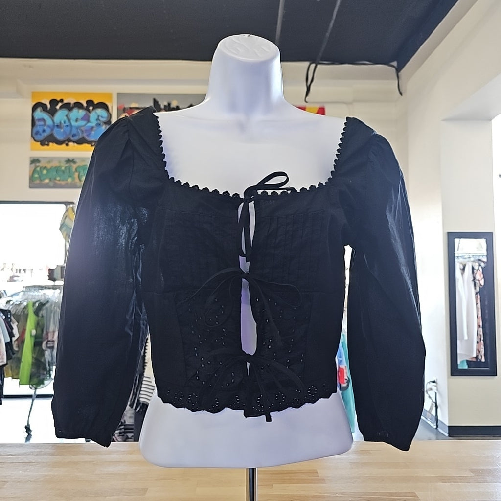 Self Esteem Juniors' Tie-Front Eyelet Top - Black