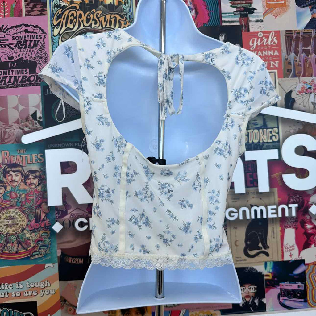hippie rose Size L Corset Short-Sleeve Mesh Top - White Floral