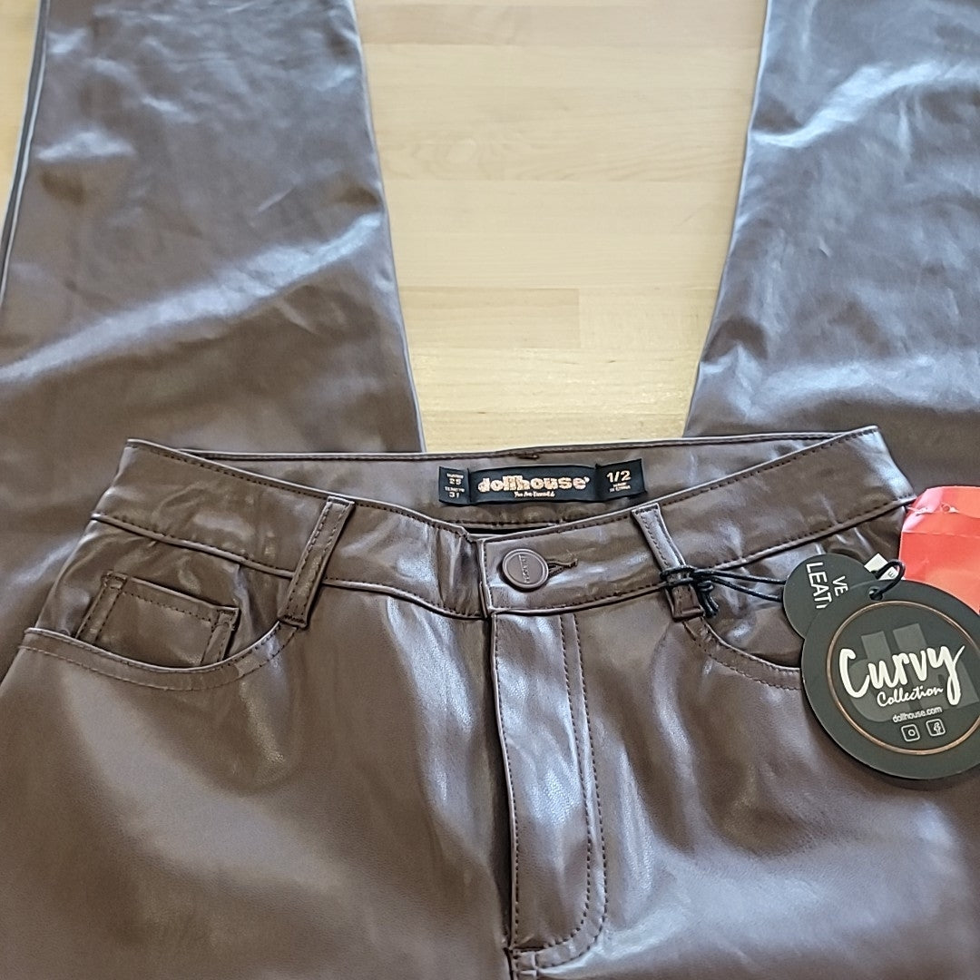 dollhouse Size 1/2 Brown Faux-Leather High-Rise Wide-Leg Jeans NWT