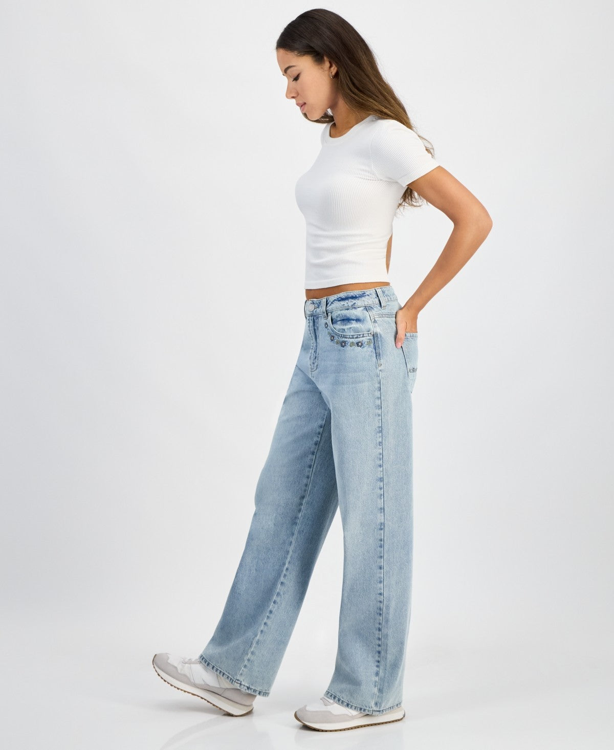 Indigo Rein Juniors' High-Rise Embroidered Wide-Leg Jeans - Light Blue - 9