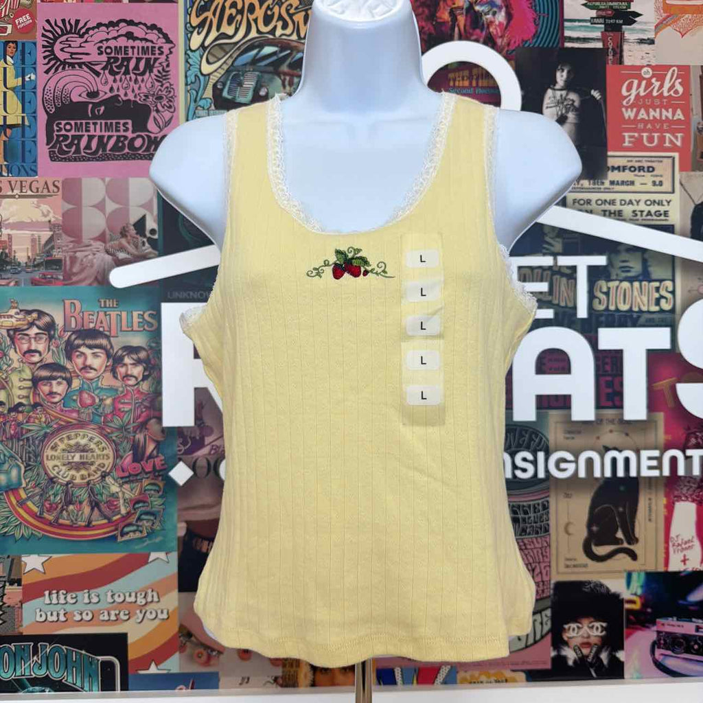 Just Polly Size L Strawberry Embroidered Lace-Trim Tank Top