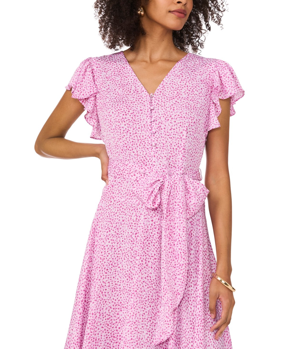 Vince Camuto Size M Printed Flutter-Sleeve Handkerchief Dress - Violet Blush