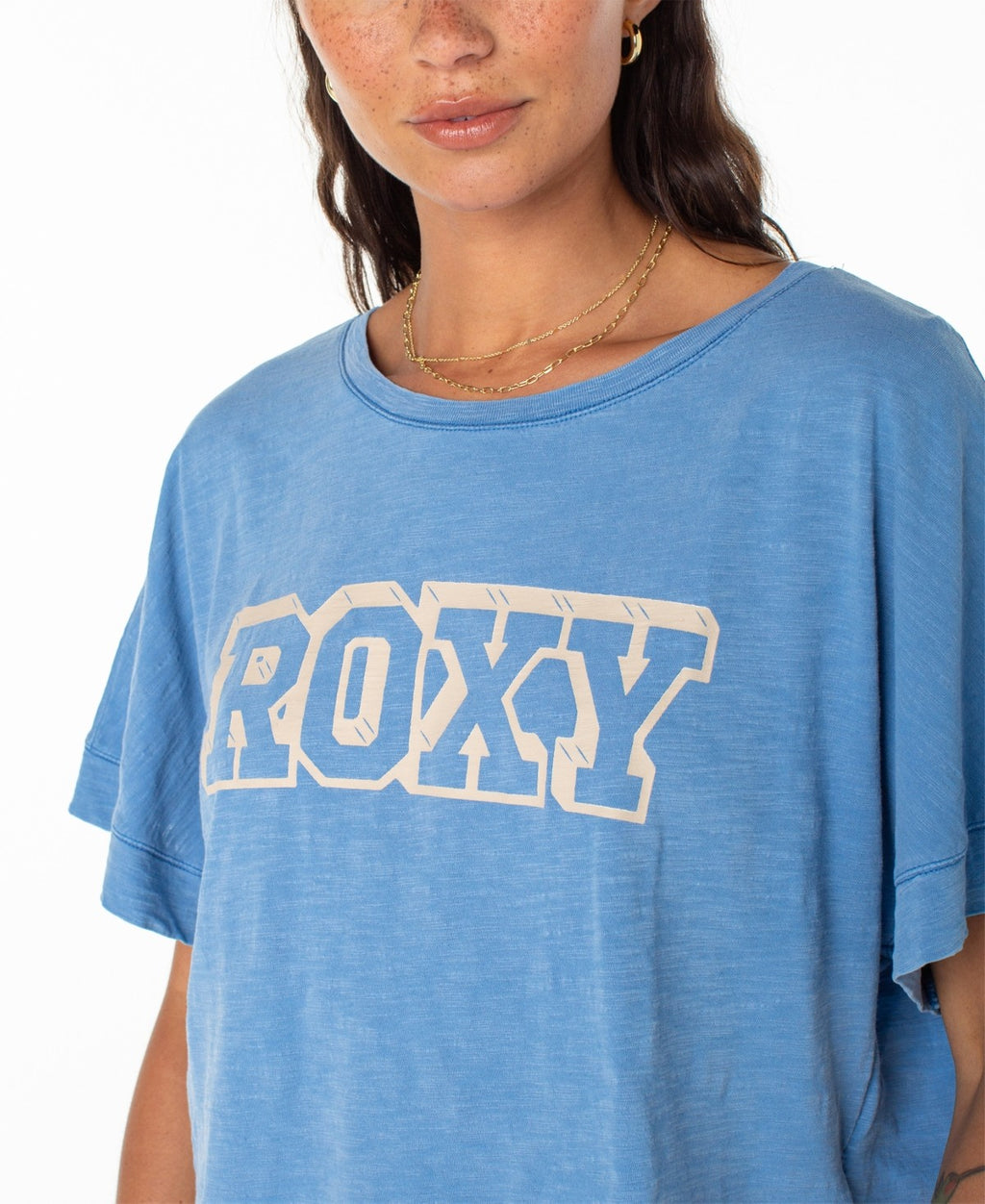 Roxy Juniors' Cotton Graphic Logo Crewneck Tee - Riviera Solid