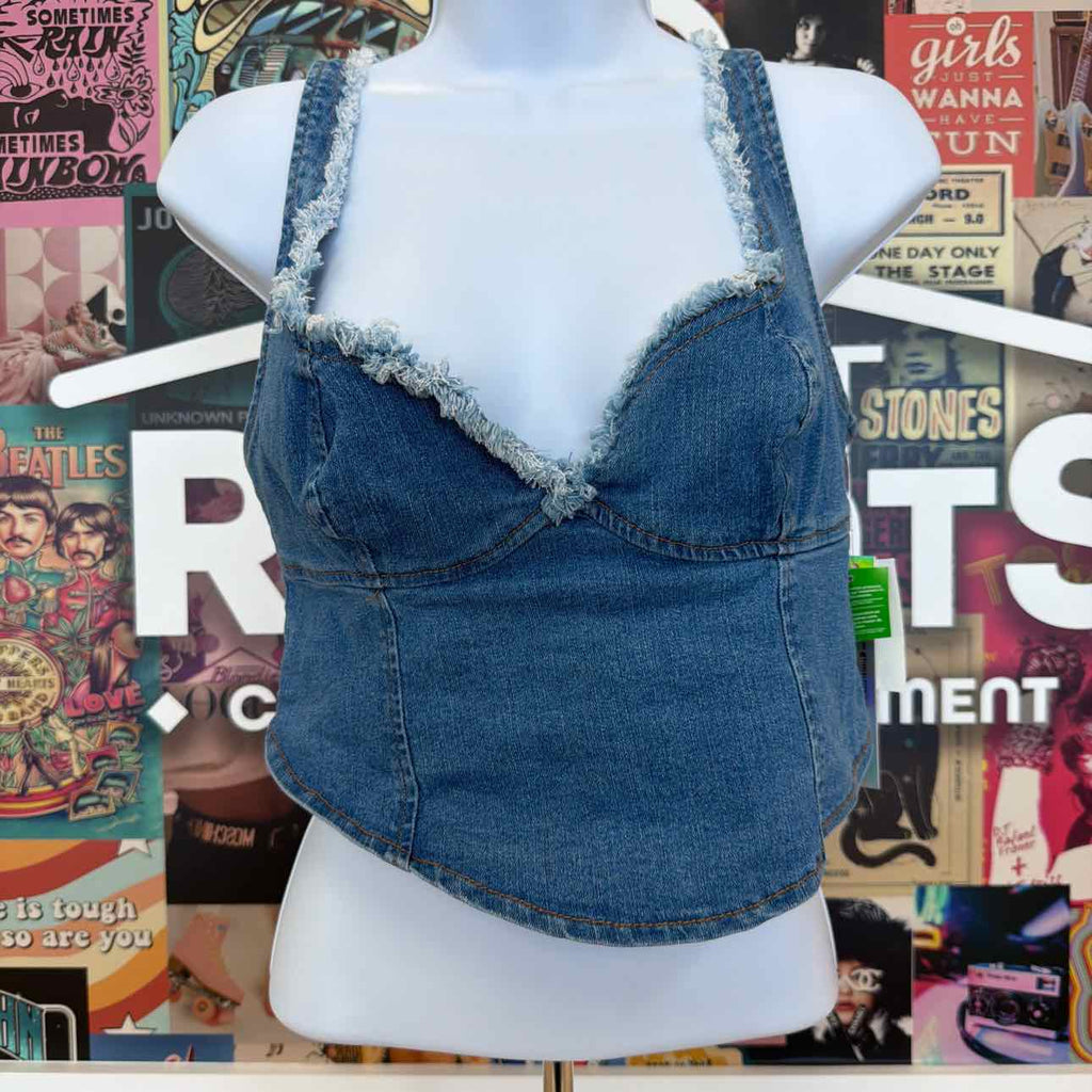 TINSELTOWN Size S Blue Fray-Trimmed Cropped Denim Corset-Style Top