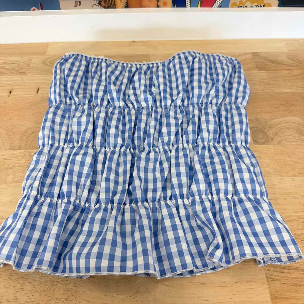 Rebellious One Size M Gingham Shirred Strapless Top - Baby Blue