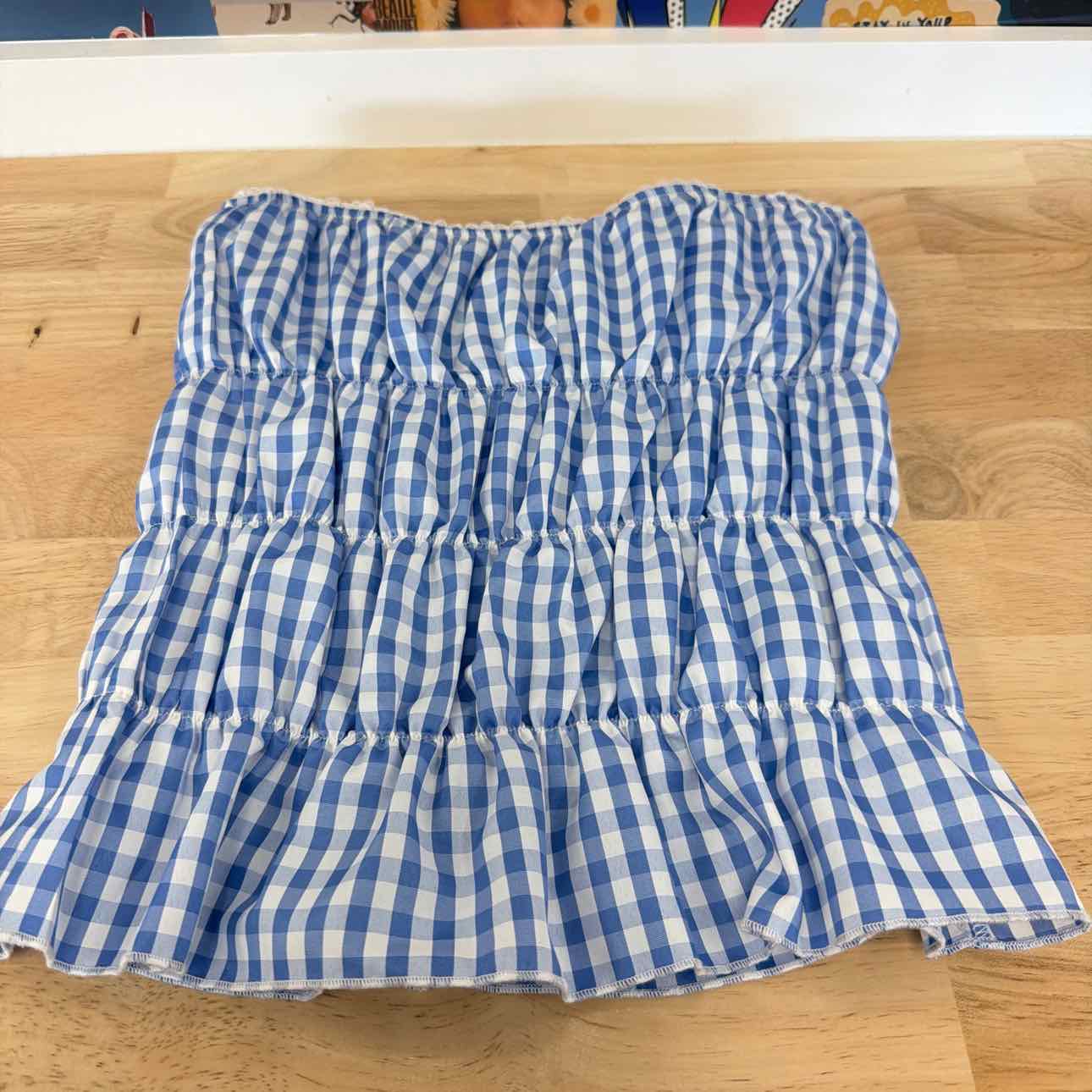 Rebellious One Size M Gingham Shirred Strapless Top - Baby Blue