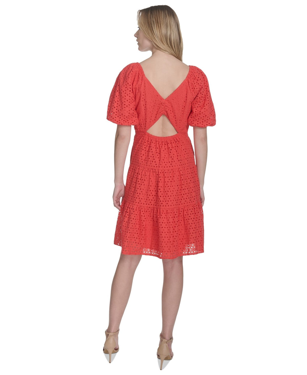 Vince Camuto Size 10 V-Neck Short-Puff-Sleeve Eyelet Dress