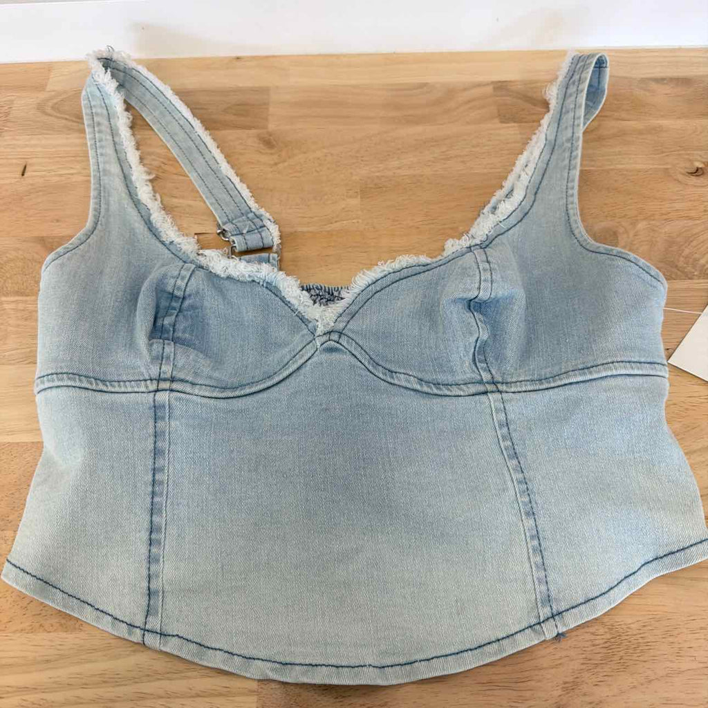TINSELTOWN Size L Fray-Trimmed Cropped Denim Corset-Style Top - Light Wash