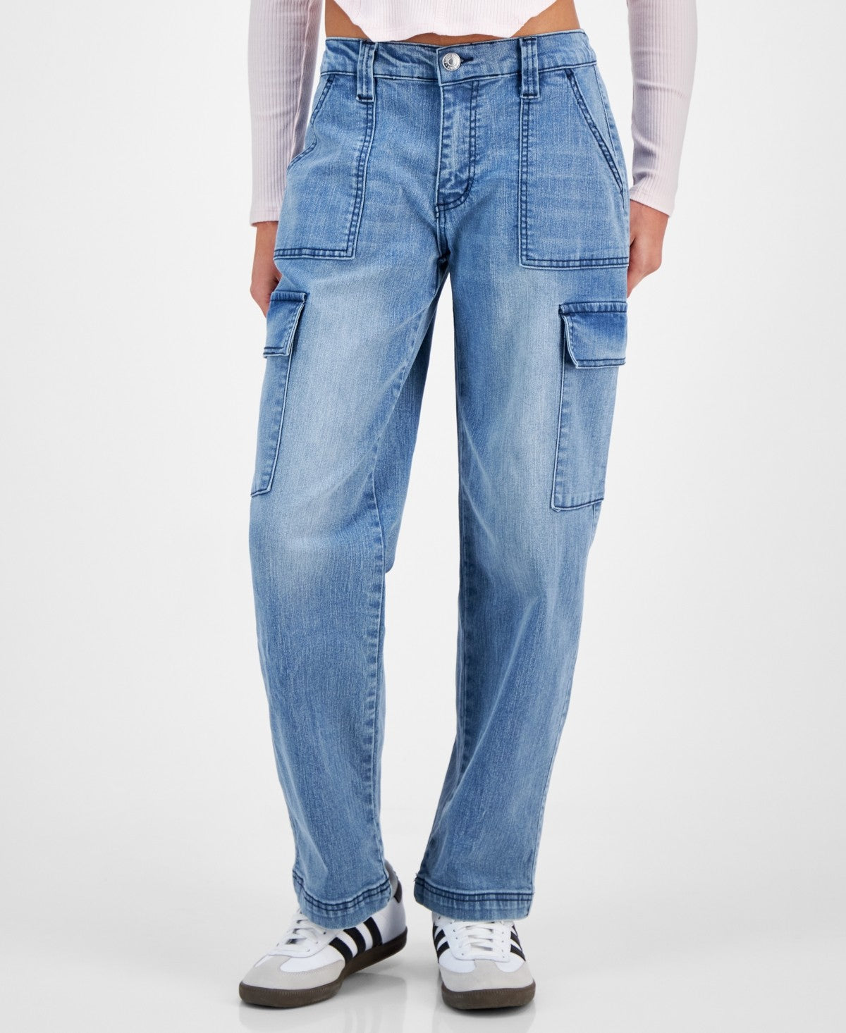 Madden Girl Size L Wide-Leg Cargo Skater Jeans - Medium Wash