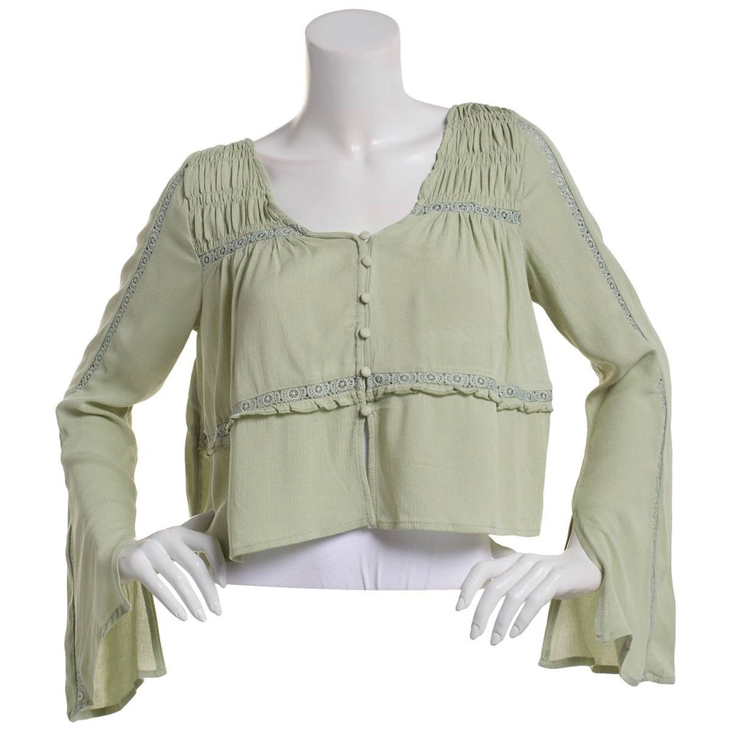 Juniors Self Esteem Gauze Bell Sleeve Button Front Blouse Top