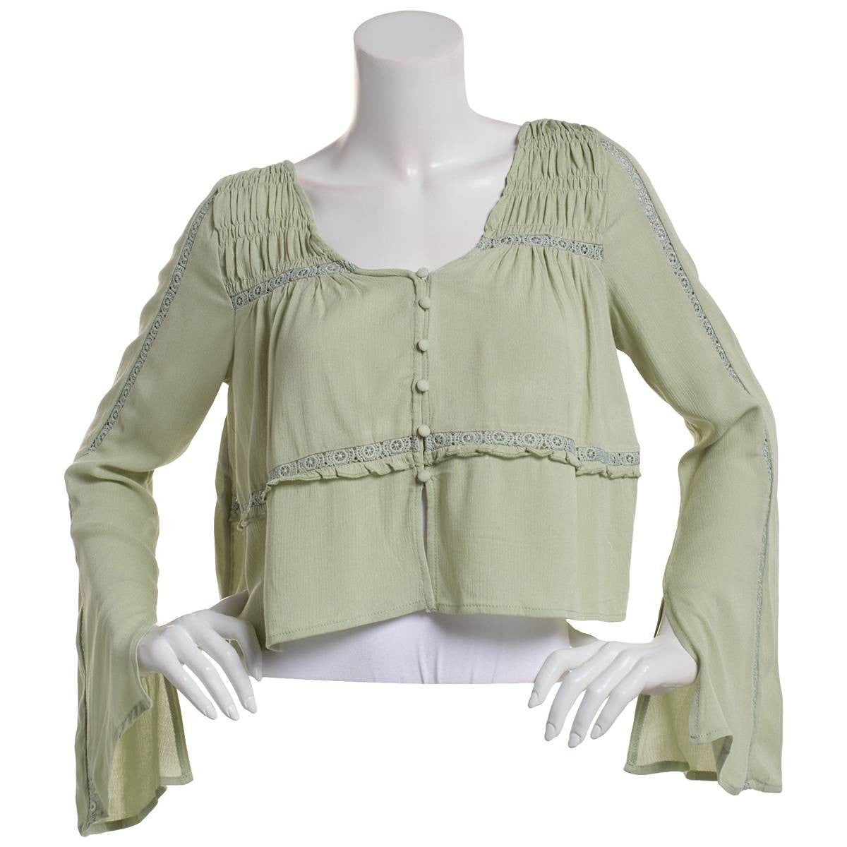 Juniors Self Esteem Gauze Bell Sleeve Button Front Blouse Top