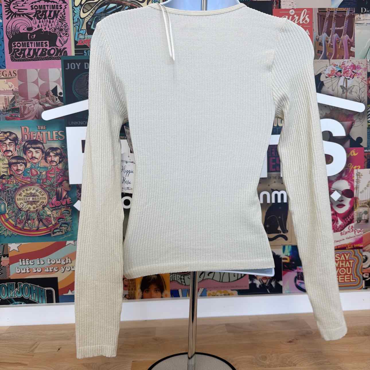 hippie rose Size XS Notched Neck Glitter Ribbed Long Sleeve - Winter White