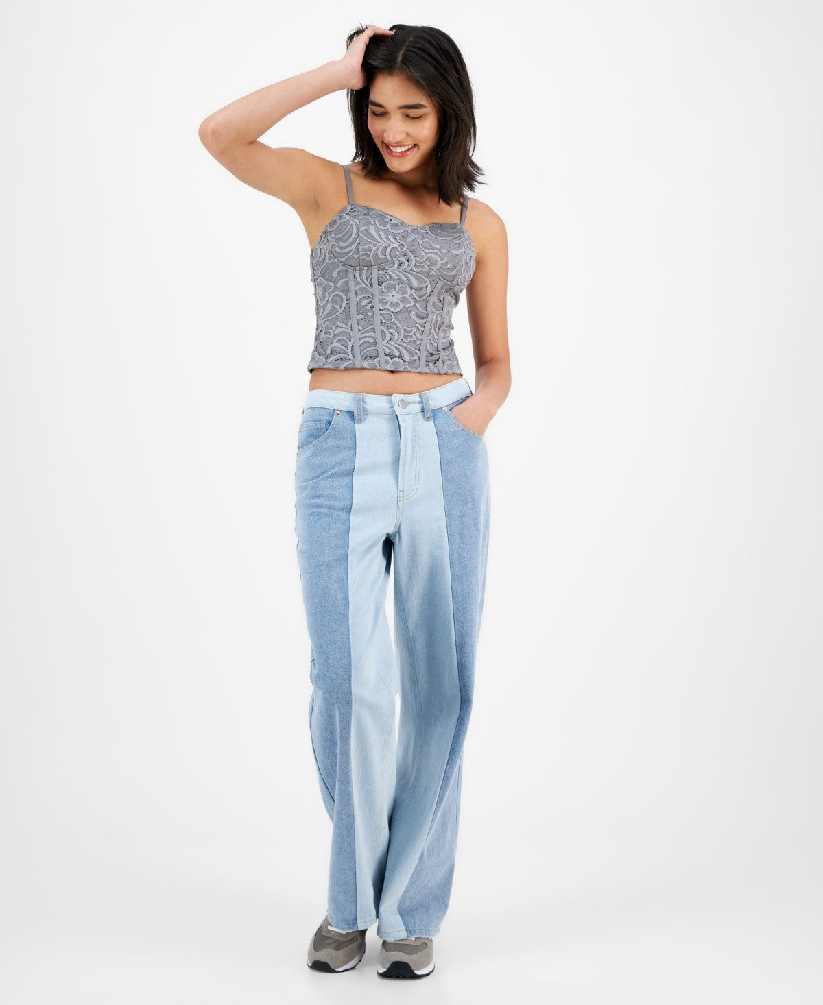 Tinseltown Juniors' High-Rise Wide-Leg Colorblocked Jeans - Med/light Colorblock