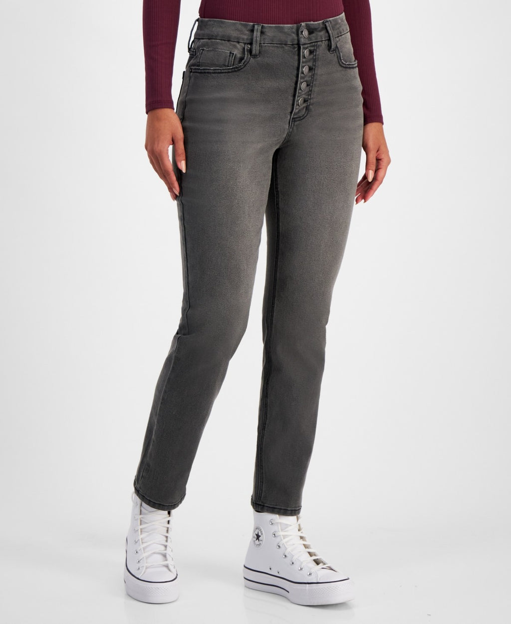 TINSELTOWN Size 0 High-Rise Straight-Leg Jeans - Light Grey
