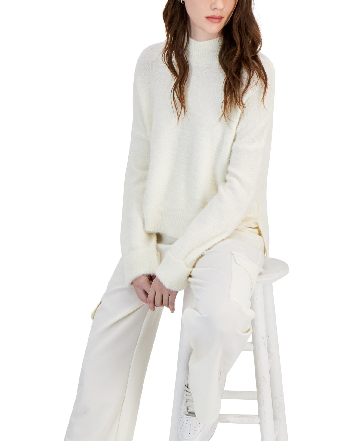 hippie rose Size M Eyelash Mock-Neck Cuffed Sweater - Blizzard White