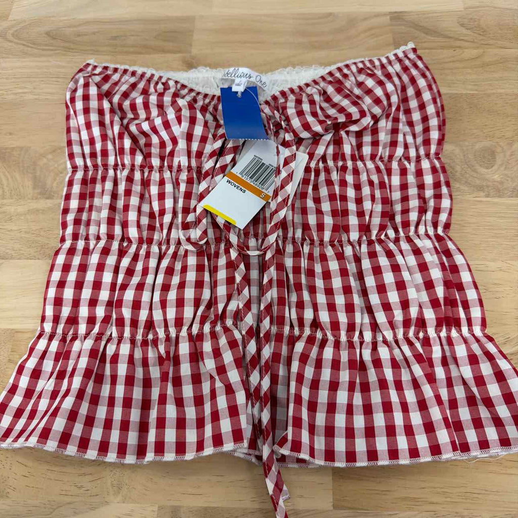 Rebellious One Size S Gingham Shirred Strapless Top - High Risk Red