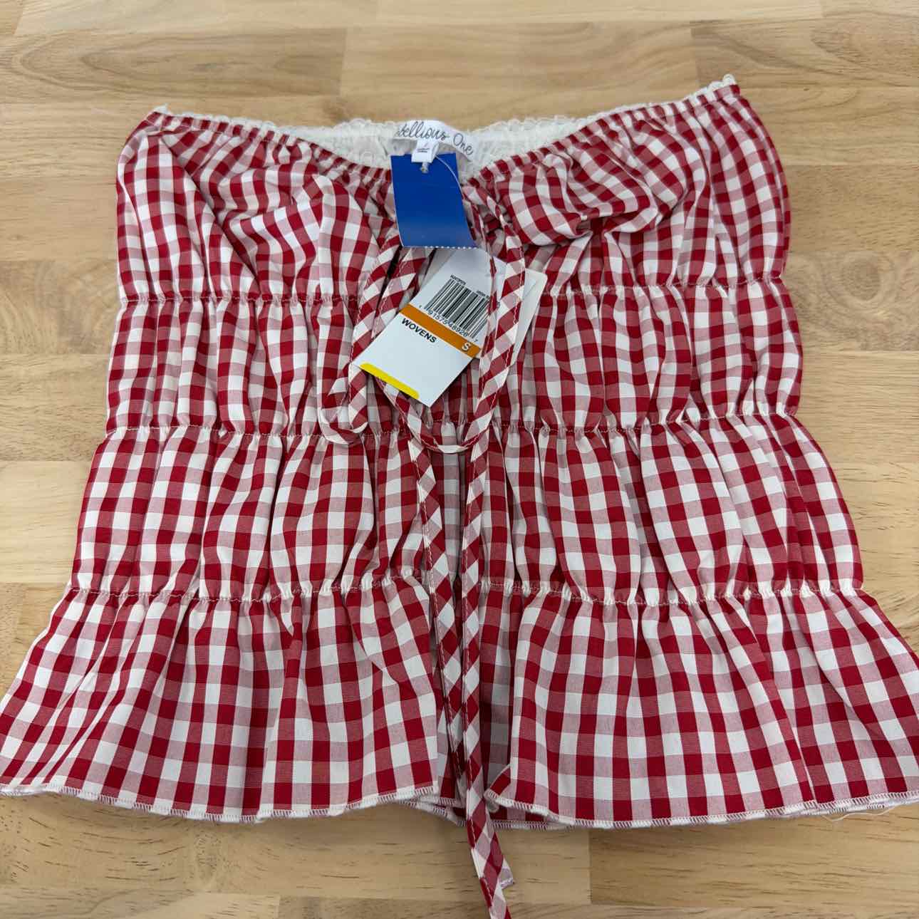 Rebellious One Size S Gingham Shirred Strapless Top - High Risk Red