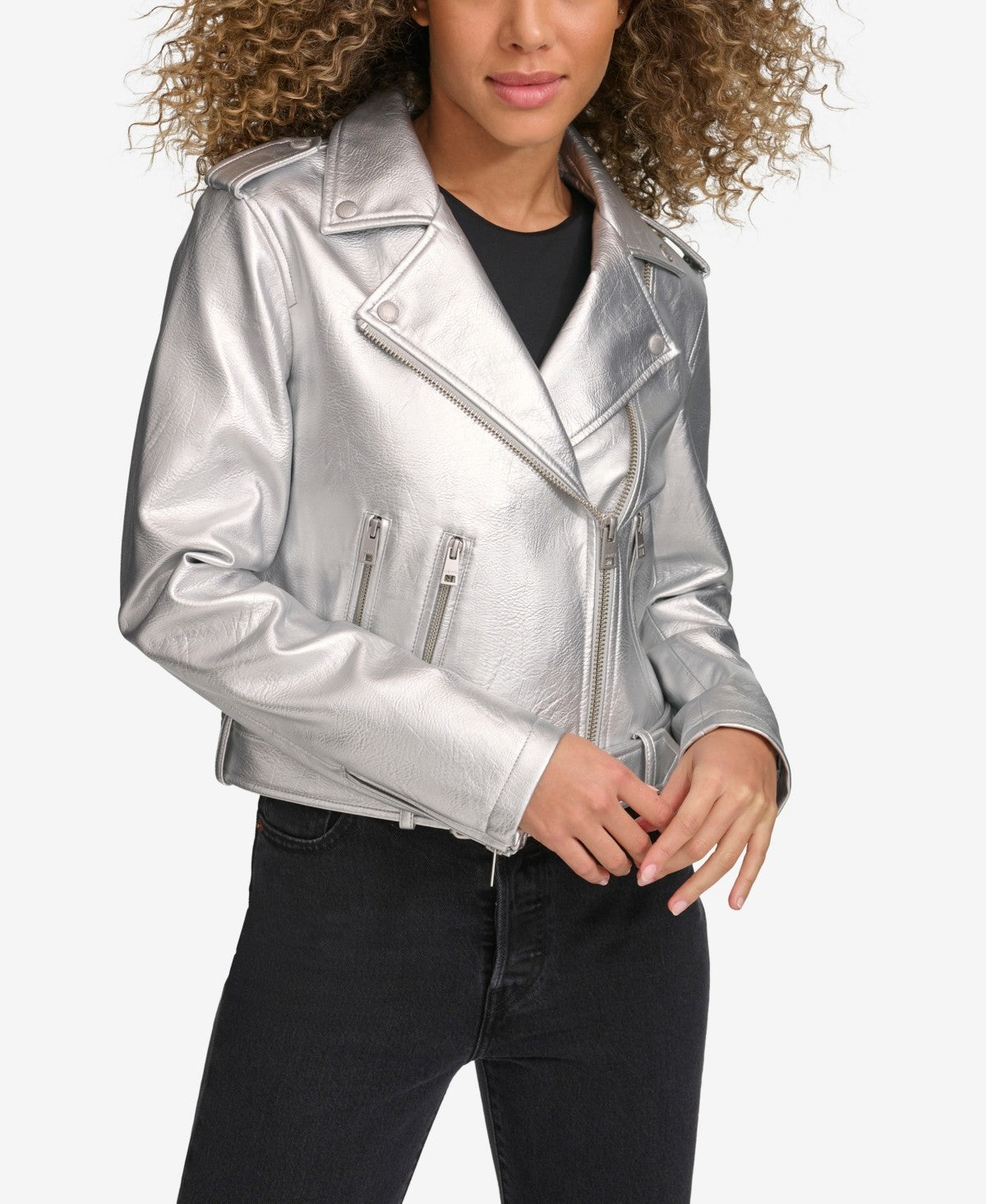 Levi's Women's Faux-Leather Belted Hem Moto Jacket - Silver XS