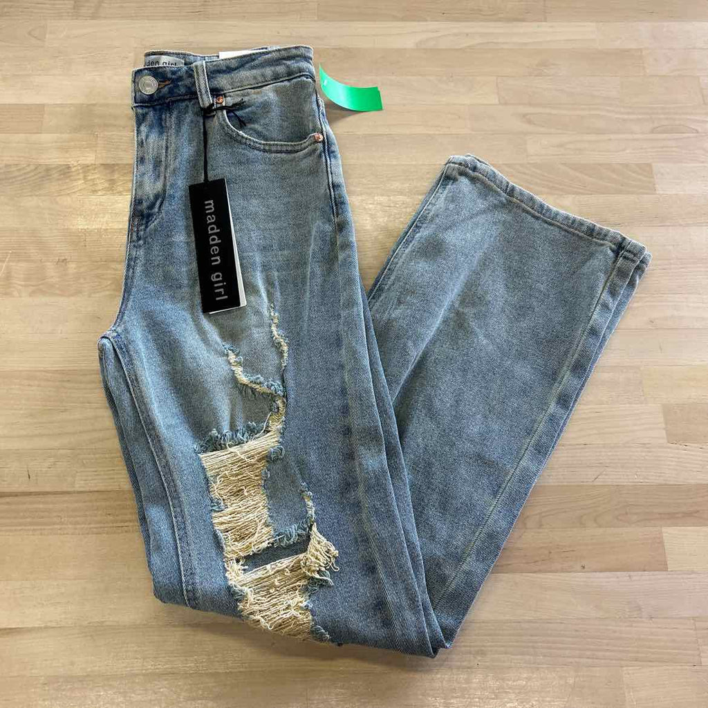 Madden Girl Juniors' Super High Rise Distressed 90s Wide Leg Jeans - Tinted Wash