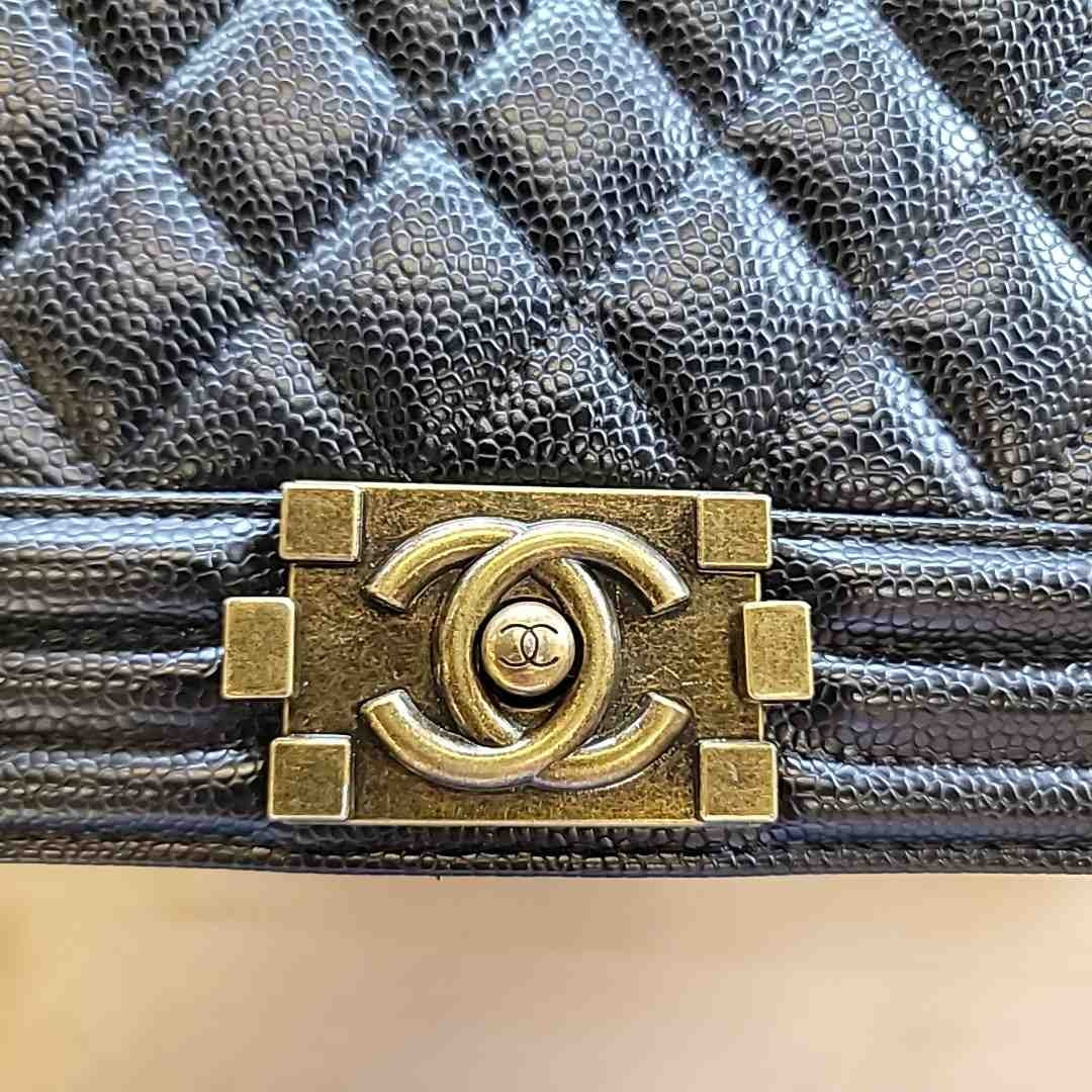 Chanel Large Boy Bag in Black Pebbled Leather with Antique Gold Tone Chain Strap