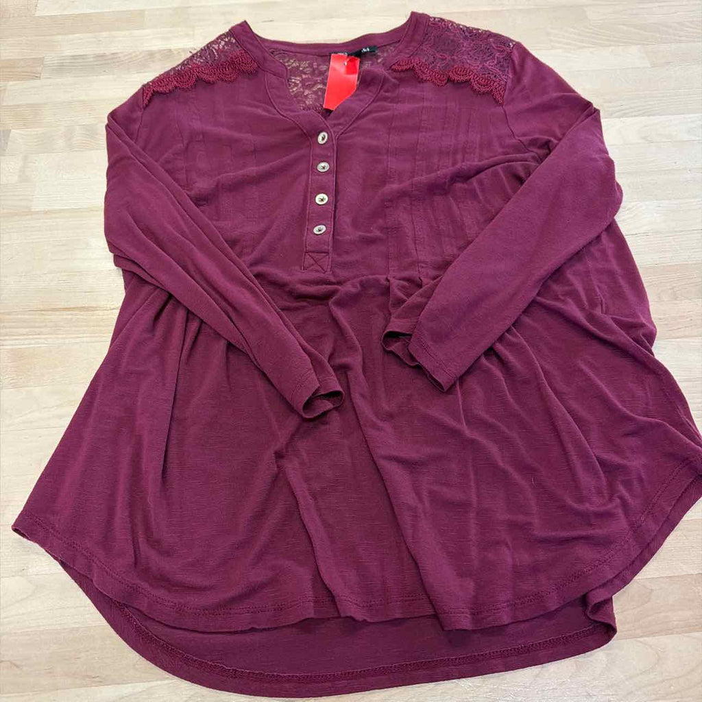 Roz & Ali Size L Burgundy Used Henley Style  Knit Top