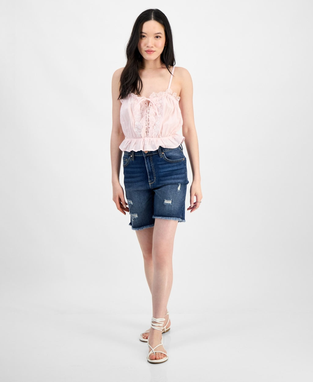 Self E Size L Lace-Trim Embroidered Peplum Tank Top - Tender Touch/White