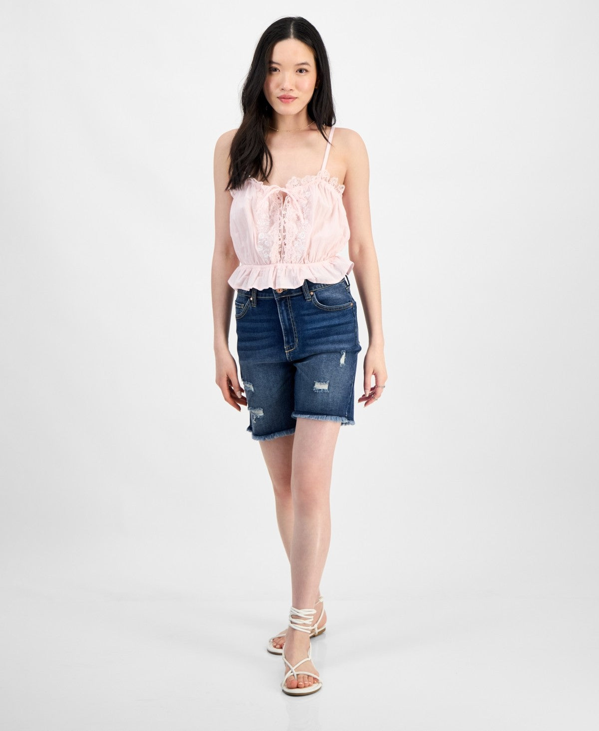 Self E Size L Lace-Trim Embroidered Peplum Tank Top - Tender Touch/White