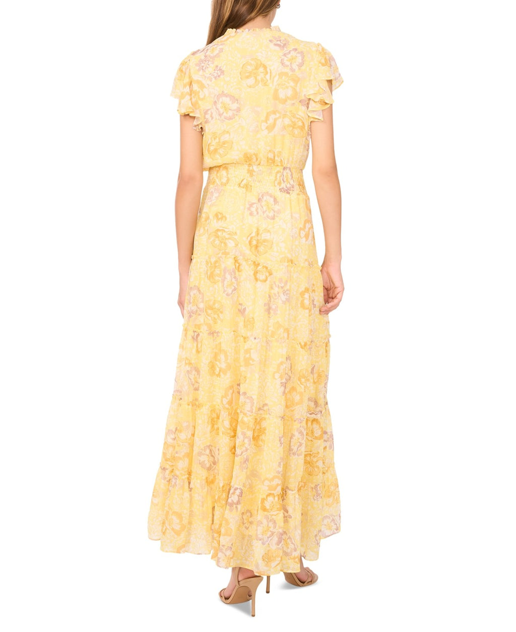 1.State Women's Tiered Floral-Print Flutter-Sleeve Maxi Dress - Lemon Meringue